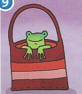 A green frog inside a red and pink bag
