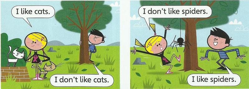 Two pictures. A girl likes the cats and a boy does not. A girl does not like the spider and a boy does