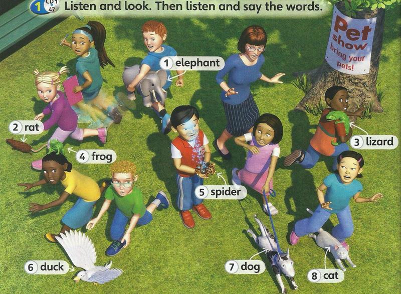 Children at a pet show with an elephant, a rat, a lizard, a frog, a spider, a duck, a dog and a cat