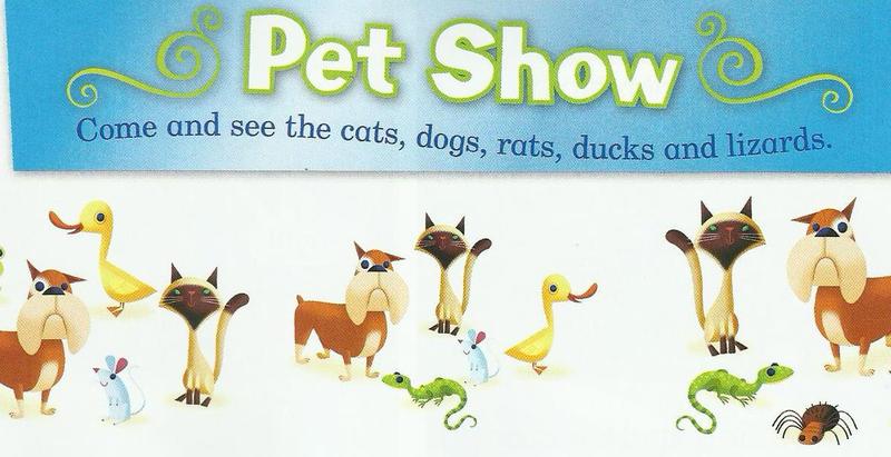 A blue poster that says Pet Show, come and see the cats, dogs, rats, ducks and lizards, with animal pictures