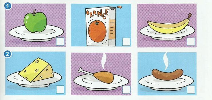 Six plates: an apple, an orange juice carton, a banana, cheese, a chicken leg and a sausage