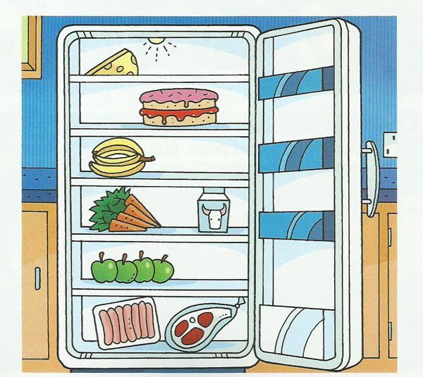 An open fridge with cheese, a cake, bananas, carrots, a carton of milk, apples, sausages and a steak