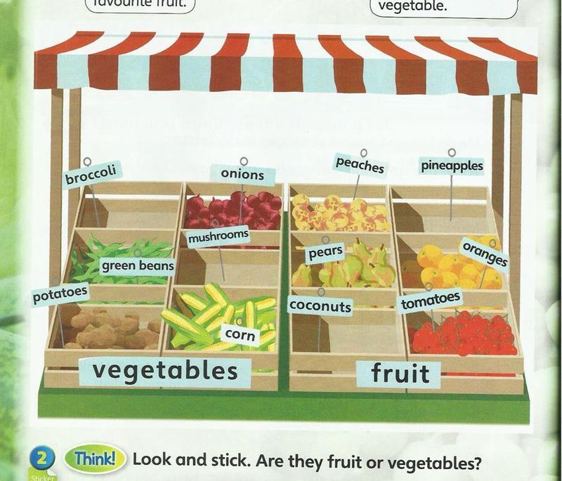 A market stall with vegetables on the left (broccoli, onions, green beans, potatoes, mushrooms, corn) and fruit on the right (peaches, pineapples, pears, oranges, coconuts, tomatoes)