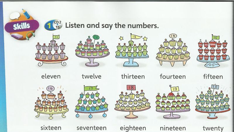 Plates of cupcakes for the numbers eleven to twenty, each with its word