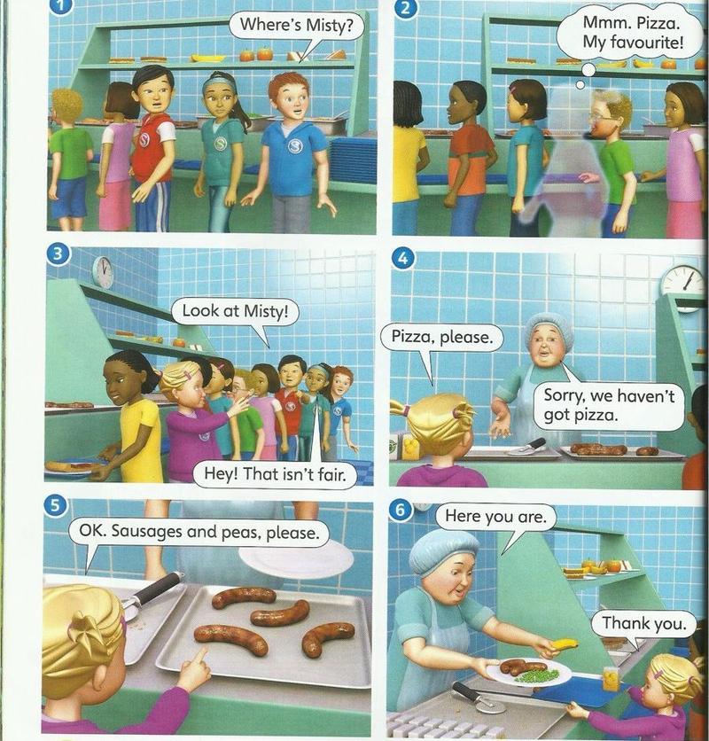 Six pictures: Misty pushes in front of the queue, a girl asks for pizza but the cook says there is none left, then the girl gets sausages and peas