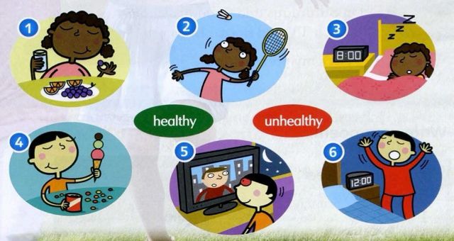 Six pictures: a child eating fruit, a girl with a racket, a child sleeping, a child with ice cream and sweets, a child watching TV at night, a child awake at twelve o'clock