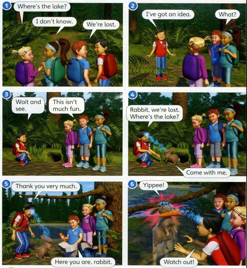 Four children in a forest are lost and ask a rabbit for help; the rabbit leads them to the lake