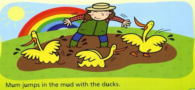 A woman in a hat jumps in mud with four yellow ducks under a rainbow