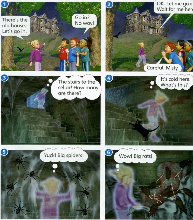 Comic: friends see an old house; Misty goes in alone and sees the stairs, spiders and rats
