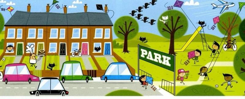 A street with houses, cars, a park with kites and a plane in the sky