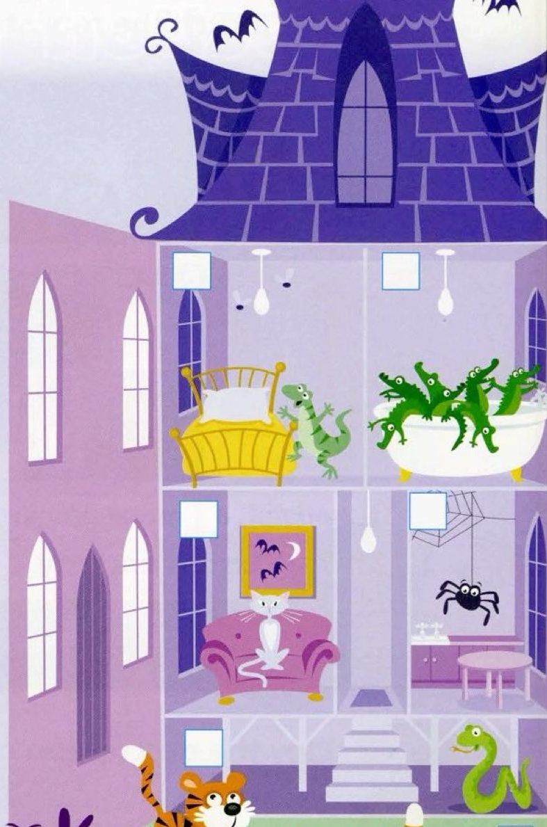 A purple house with animals in the rooms and tigers in the garden