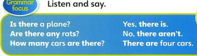 Grammar box: Is there a plane? Yes, there is. Are there any rats? No, there aren't. How many cars are there? There are four cars.