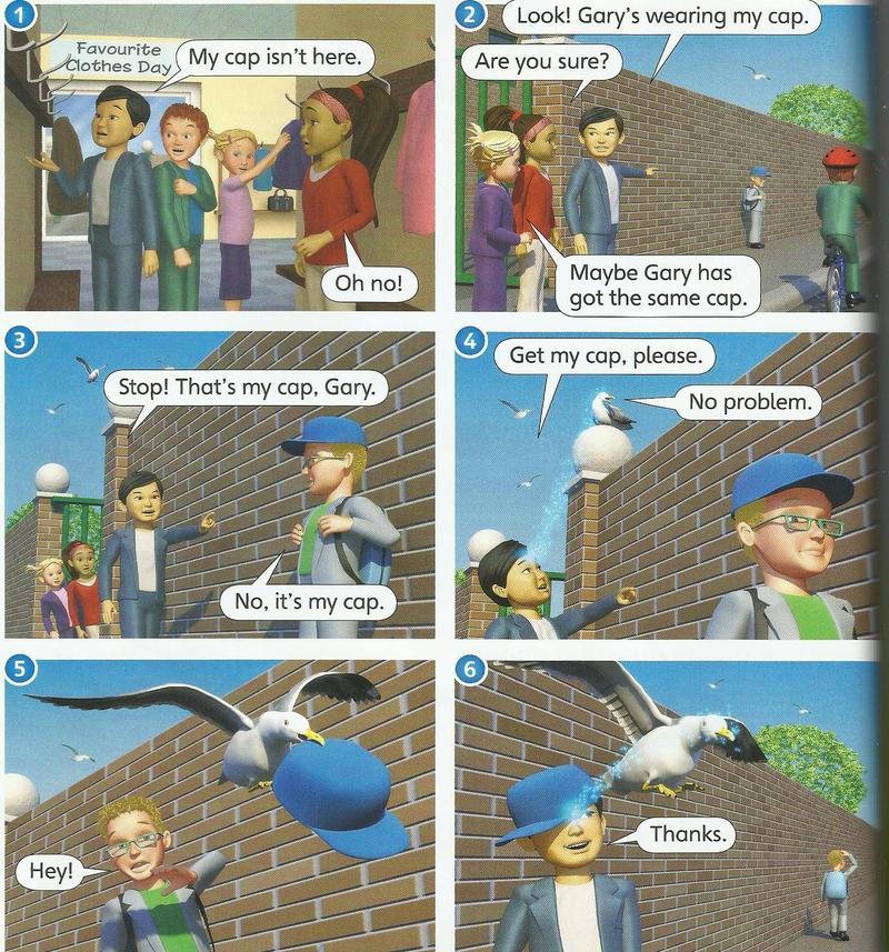 Six pictures: a boy cannot find his cap, thinks Gary has it, a seagull takes the cap and drops it back on the boy's head