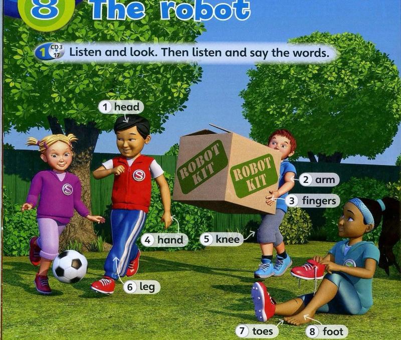 Children in a garden with labels: head, arm, fingers, hand, knee, leg, toes, foot