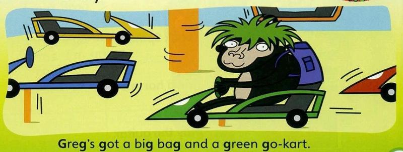 A green-haired cartoon character with a bag in a green go-kart