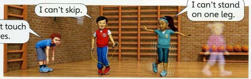 Three children in a gym say what they can't do: touch my toes, skip, stand on one leg