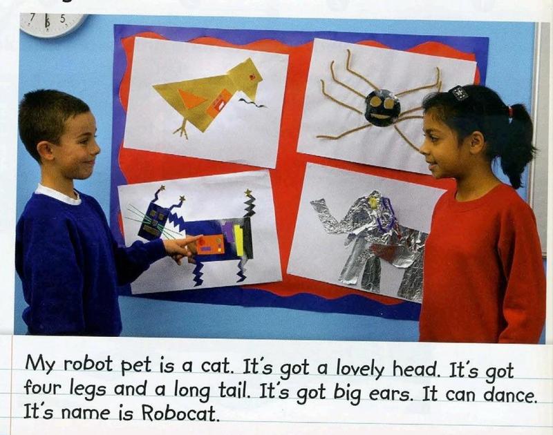 Two children look at pictures of animals made with paper, and below is a paragraph about a robot cat