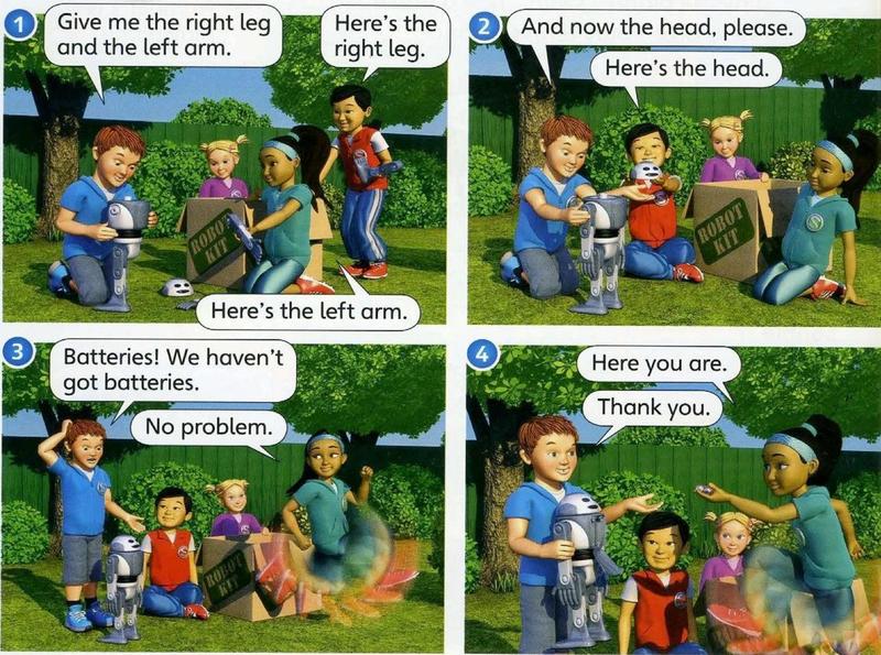 Four pictures: friends build a robot from a robot kit, adding a leg, an arm and the head, then find there are no batteries