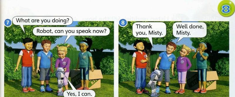 Two pictures: Misty fixes the robot, which says Yes I can, and the friends say well done to Misty