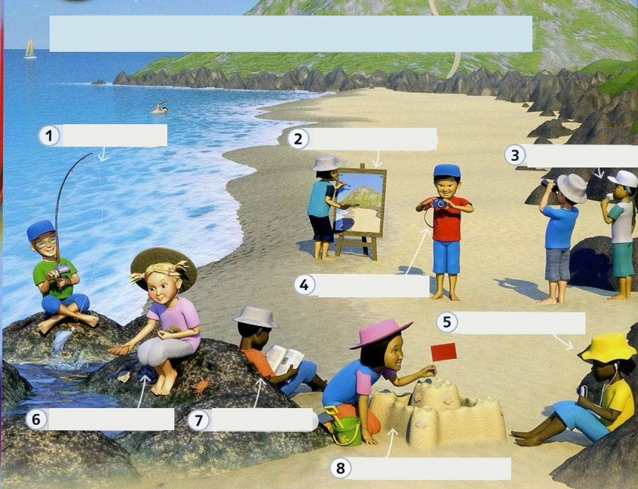 A beach scene with eight numbered activities, a boy fishing, a child painting at an easel, a child eating ice cream, a boy taking a photo, a child in a yellow hat listening to music, a girl looking for shells, a boy reading and a girl making a sandcastle