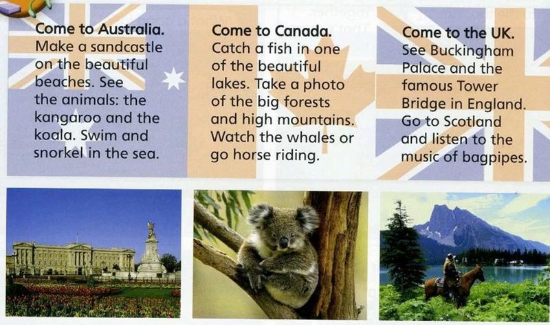 Three holiday posters: Australia with beaches and koalas, Canada with lakes and mountains, the UK with Buckingham Palace