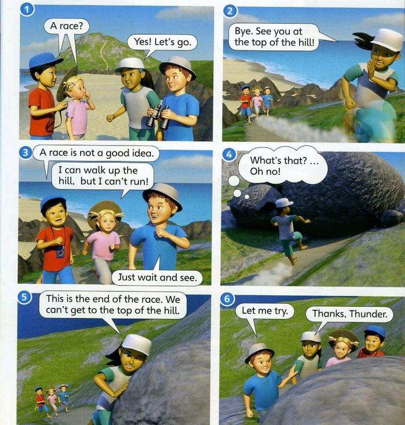 Six pictures: the friends decide to race up the hill, Flash runs ahead, a big rock stops her, and the friends come to help