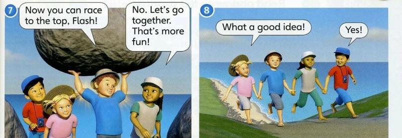 Thunder lifts the big rock, then the friends run together along the beach