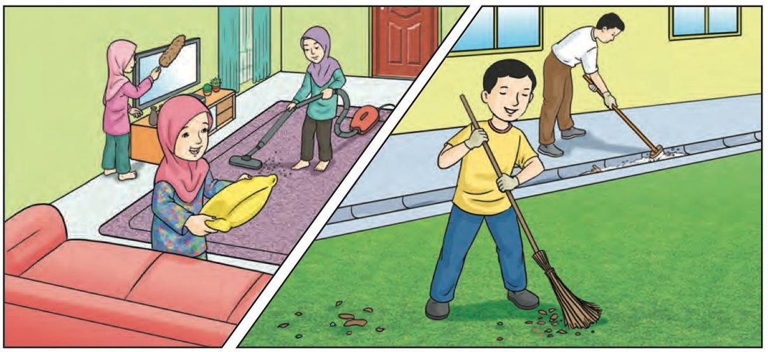 Keluarga Hana membersihkan rumah: ibu dan kakak mengemas di dalam rumah, ayah dan abang menyapu halaman