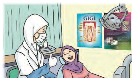 Doktor gigi memeriksa gigi seorang murid di klinik