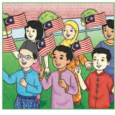 Murid-murid lelaki dan perempuan memegang bendera Malaysia di padang