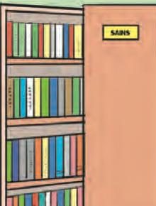 Rak buku di perpustakaan penuh dengan buku pelbagai warna