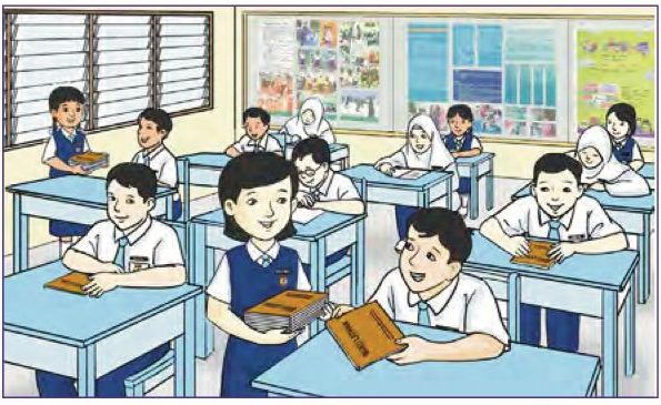 Pada hari bersih, murid-murid mengedarkan buku di dalam kelas