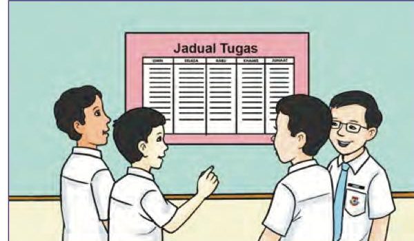 Tiga murid lelaki dan seorang guru berdiri di hadapan jadual tugas di dinding kelas; seorang murid menunjuk ke jadual