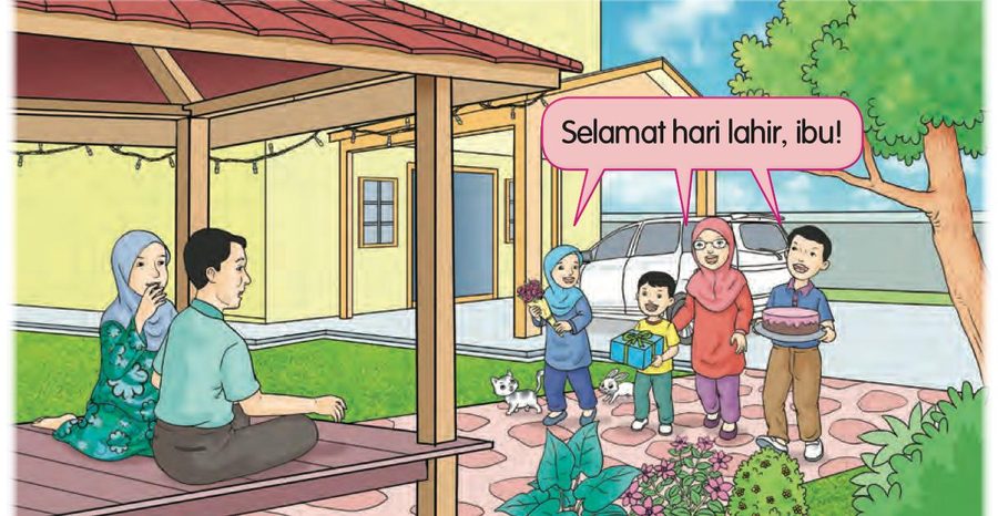 Hana, Amar dan adik membawa kek dan hadiah kepada ibu dan ayah di laman rumah