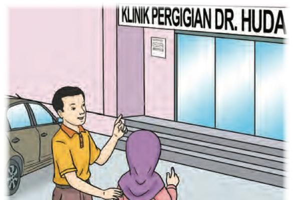 Seorang lelaki menunjuk ke arah Klinik Pergigian Dr. Huda bersama seorang kanak-kanak perempuan