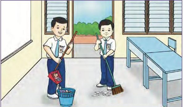 Yahya memegang penyodok dan Yong Han menyapu lantai kelas dengan penyapu