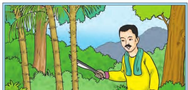 Seorang lelaki memegang parang di dalam hutan buluh