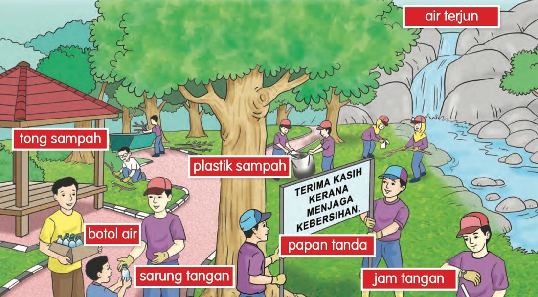 Anggota persatuan membersihkan kawasan air terjun dan mengutip sampah, ada papan tanda terima kasih kerana menjaga kebersihan