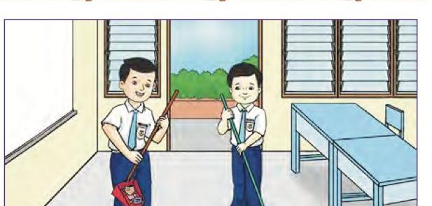 Dua orang murid lelaki memegang penyapu dan menyapu lantai bilik darjah
