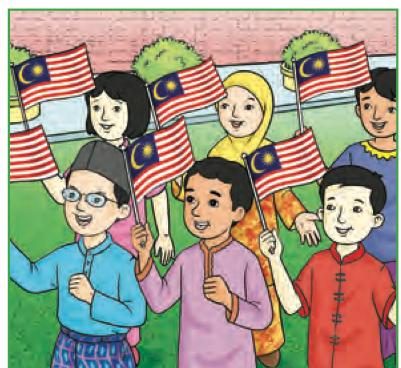 Kanak-kanak tersenyum sambil melambai bendera Malaysia