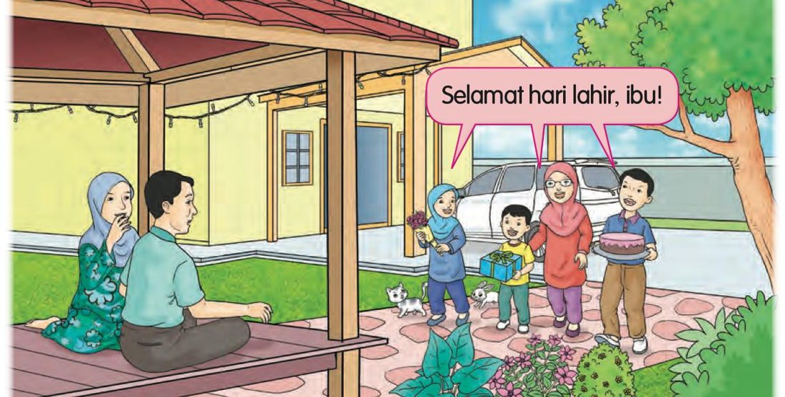 Hana dan Amar membawa kek dan hadiah kepada ibu yang duduk di serambi bersama ayah