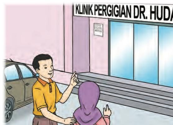 Hana dan ayah berjalan ke klinik pergigian