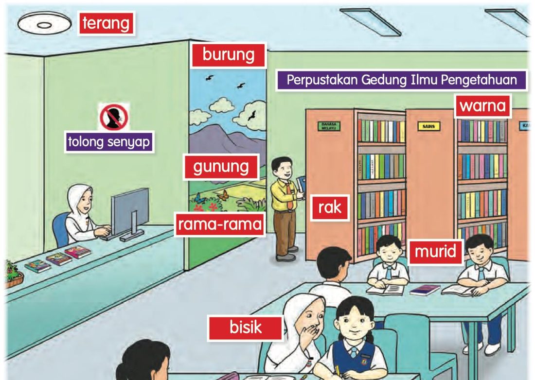 Murid-murid membaca buku di perpustakaan yang mempunyai banyak rak