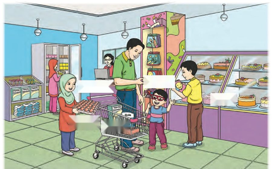 Seorang ayah dan anak-anak di dalam kedai dengan troli, telur dan kek
