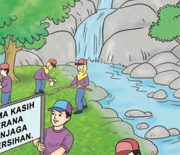 Air sungai mengalir dari air terjun melalui batu-batu; murid-murid mengutip sampah di tebing