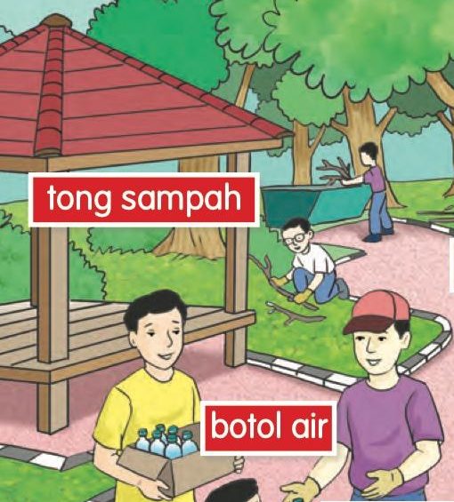 Murid-murid memakai topi dan sarung tangan, ada yang membawa kotak botol air, mengutip sampah di taman