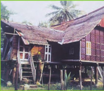 Rumah Kutai berbumbung atap rumbia, berdinding anyaman buluh dan bertiang tinggi