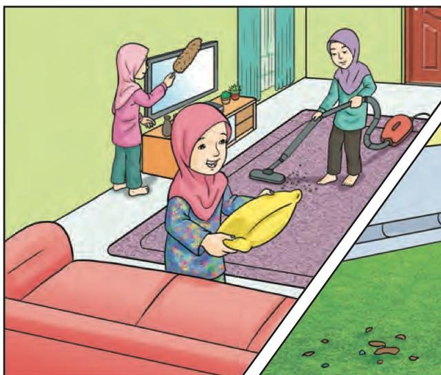 Seorang kakak menggunakan mesin penyedut habuk di ruang tamu, adik memegang kusyen dan seorang lagi mengelap televisyen