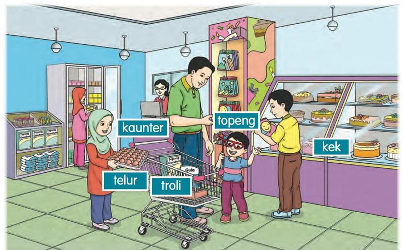Seorang ayah dan anak-anak di dalam kedai kek dengan troli, telur, topeng dan kek
