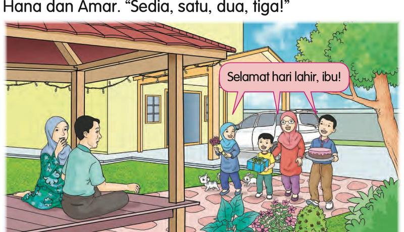 Anak-anak membawa kek, bunga dan hadiah untuk ibu di anjung rumah